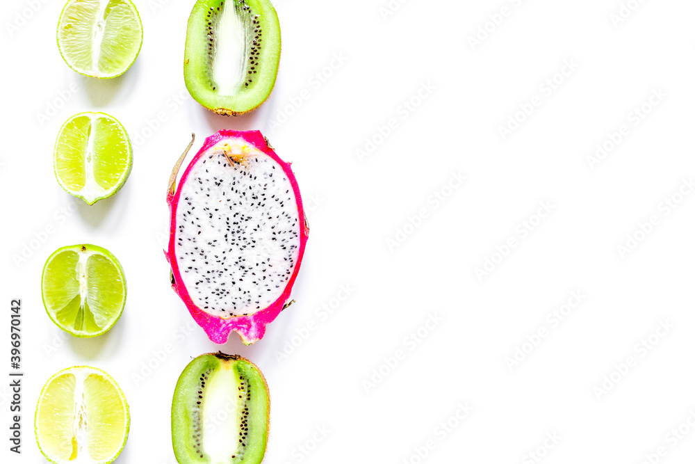 summer pattern with kiwi and pitaya white background top view mock up