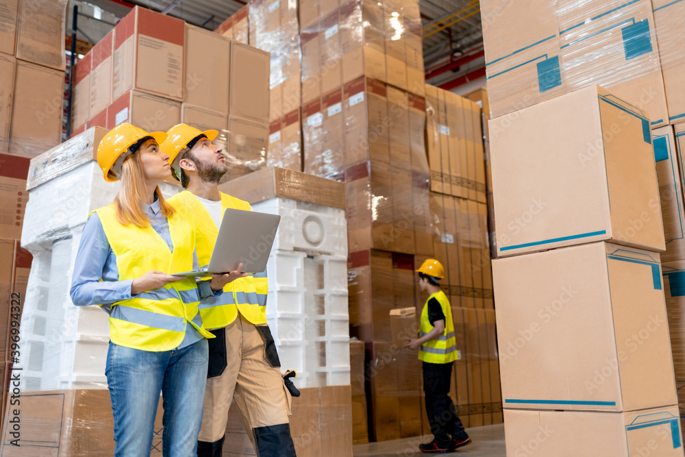 Female warehouse worker consult delivery plans using database in laptop