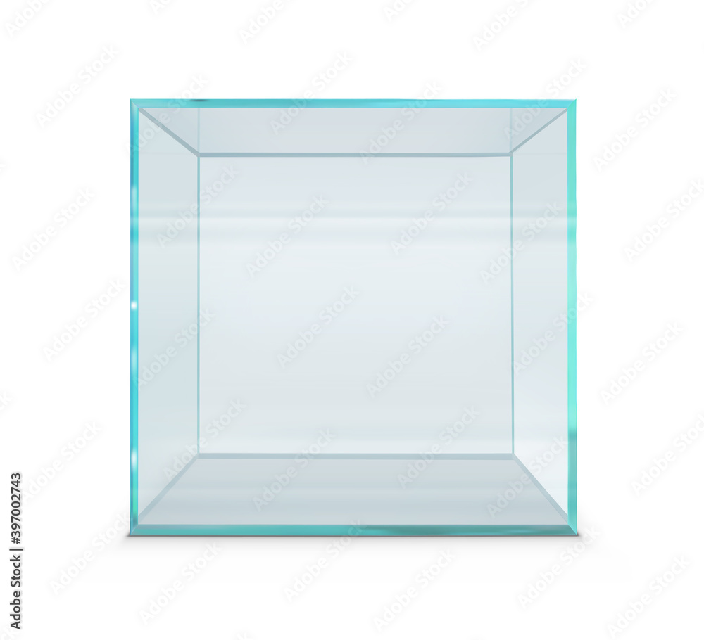 empty glass showcase cube in direct projection on a white background. Vector illustration