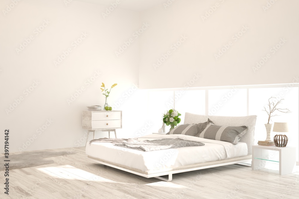 White bedroom interior. Scandinavian design. 3D illustration