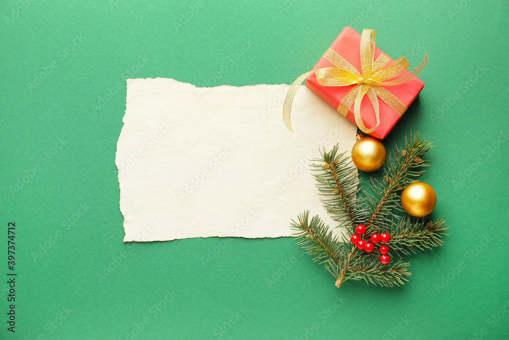 Blank letter to Santa and Christmas decor on color background