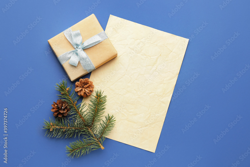 Blank letter to Santa and Christmas decor on color background