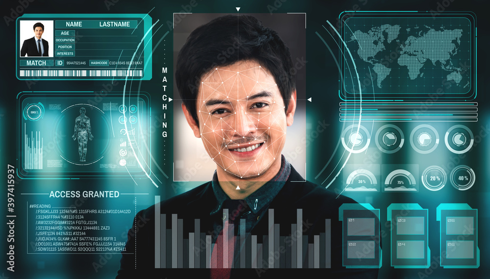 Facial recognition technology scan and detect people face for identification . Future concept interf