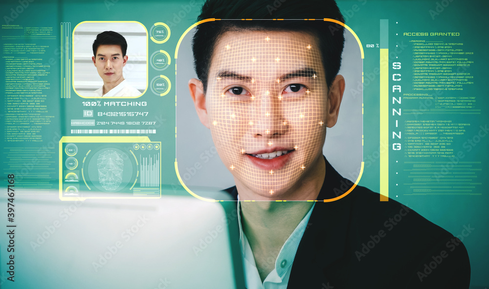 Facial recognition technology scan and detect people face for identification . Future concept interf