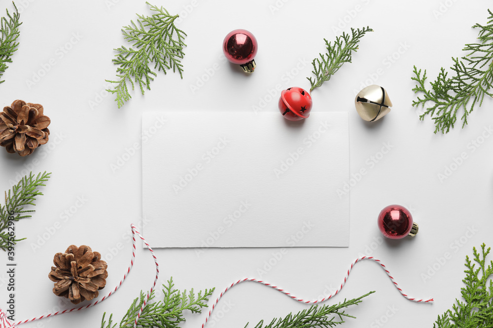 Beautiful Christmas composition with blank card on white background