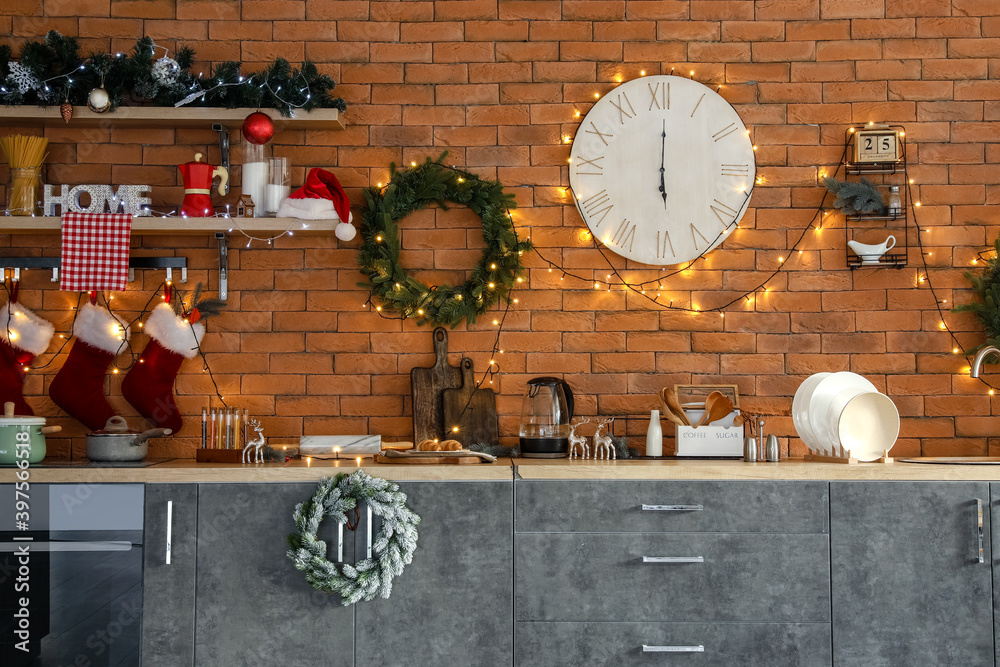 Interior of modern kitchen decorated for Christmas