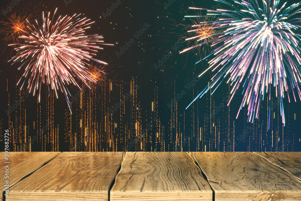 Empty wooden surface and fireworks.