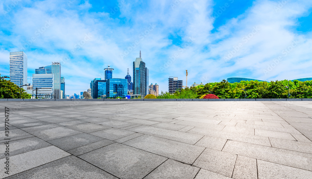 Empty square floor and financial district buildings in Shanghai,China.