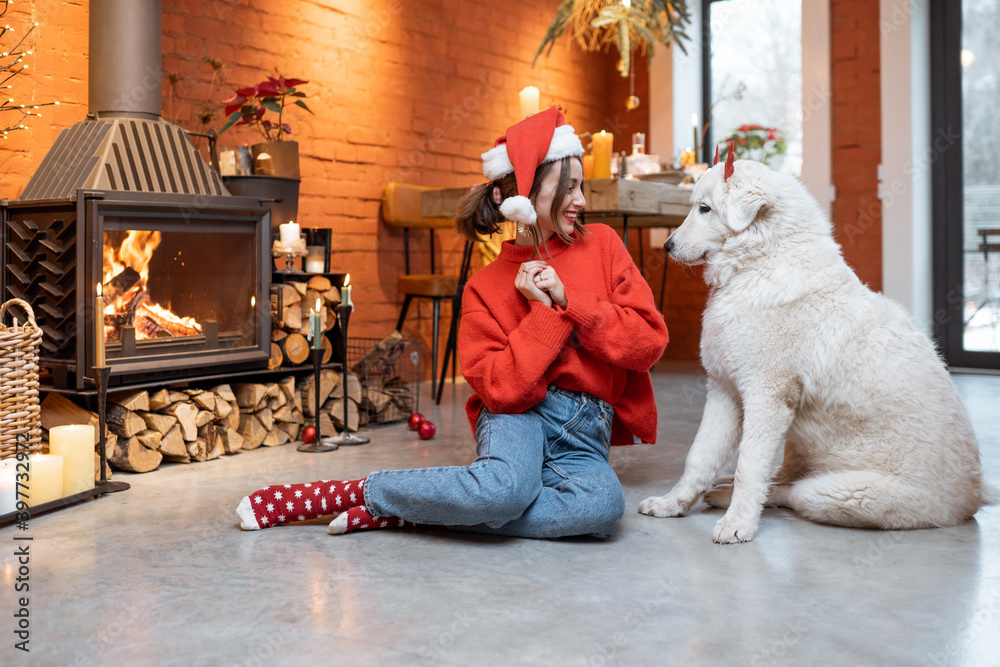 一位年轻的女士带着她可爱的白狗在快乐的新年假期里坐在家里的壁炉旁