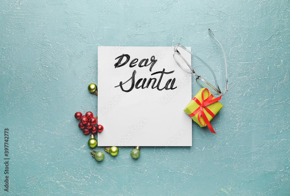 Blank letter to Santa and Christmas decor on color background