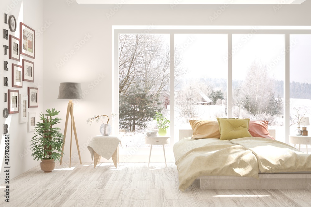 Stylish bedroom in white color with winter landscape in window. Scandinavian interior design. 3D ill