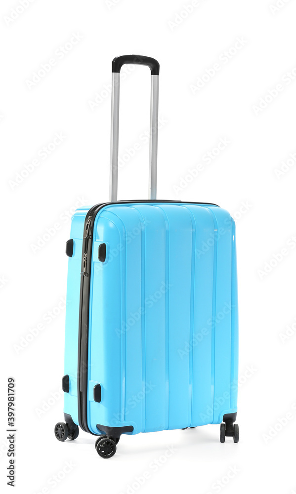 Packed suitcase on white background