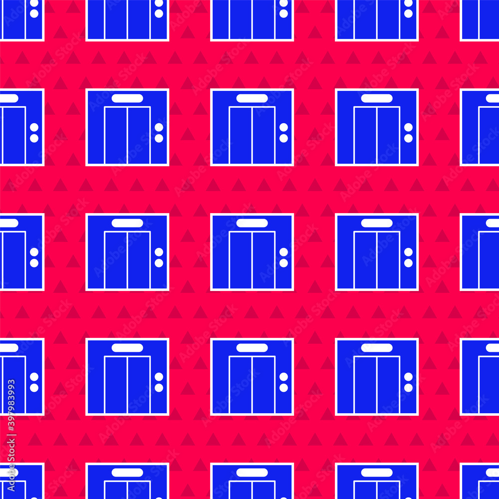 红色背景上的蓝色电梯图标隔离无缝图案。电梯符号。矢量。