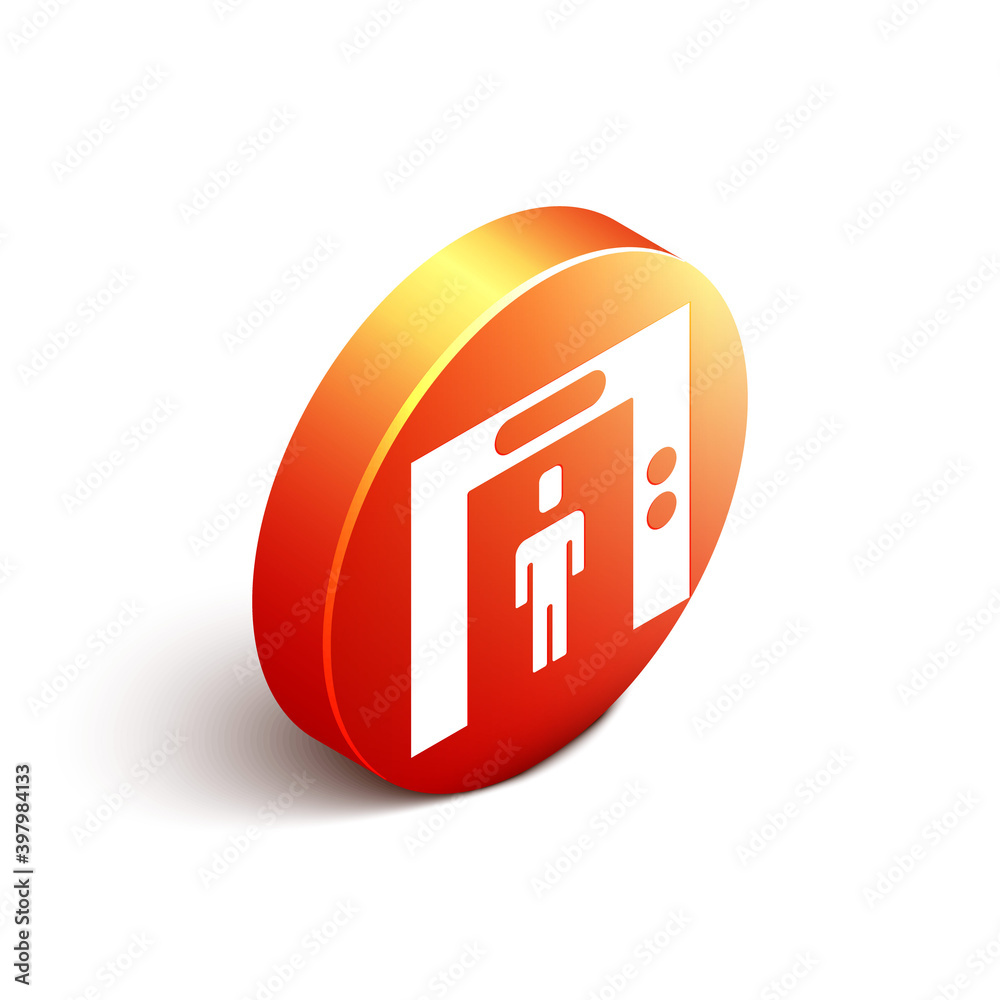 Isometric Lift icon isolated on white background. Elevator symbol. Orange circle button. Vector.