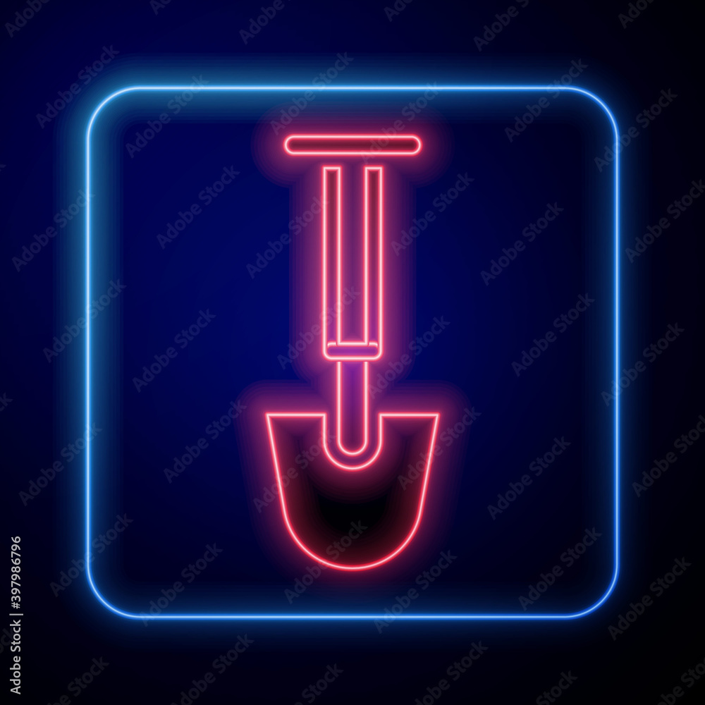 Glowing neon Shovel icon isolated on blue background. Gardening tool. Tool for horticulture, agricul