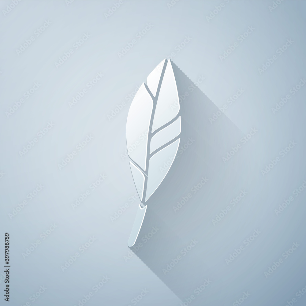 Paper cut Magic feather icon isolated on grey background. Paper art style. Vector.