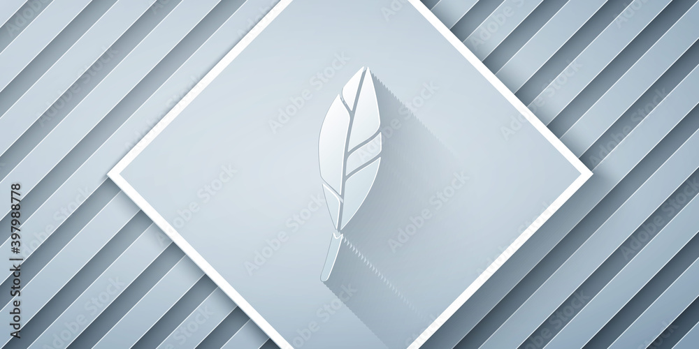 Paper cut Magic feather icon isolated on grey background. Paper art style. Vector.