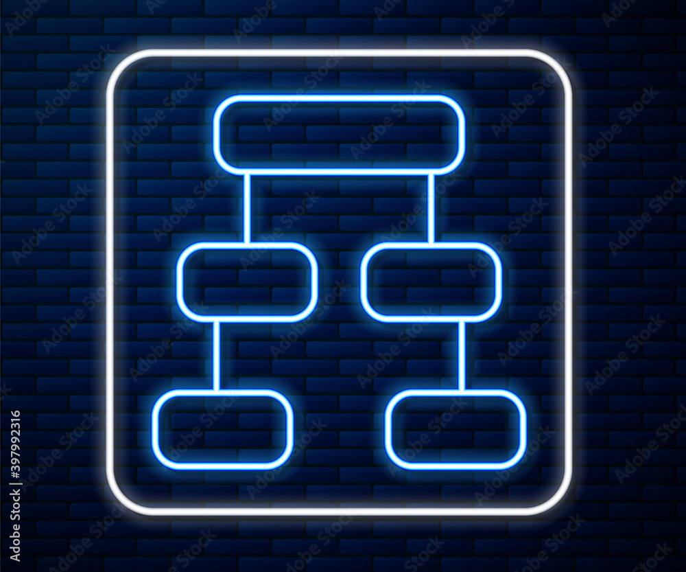 闪闪发光的霓虹灯线业务层次结构有机图图表信息图图标隔离在砖墙背面