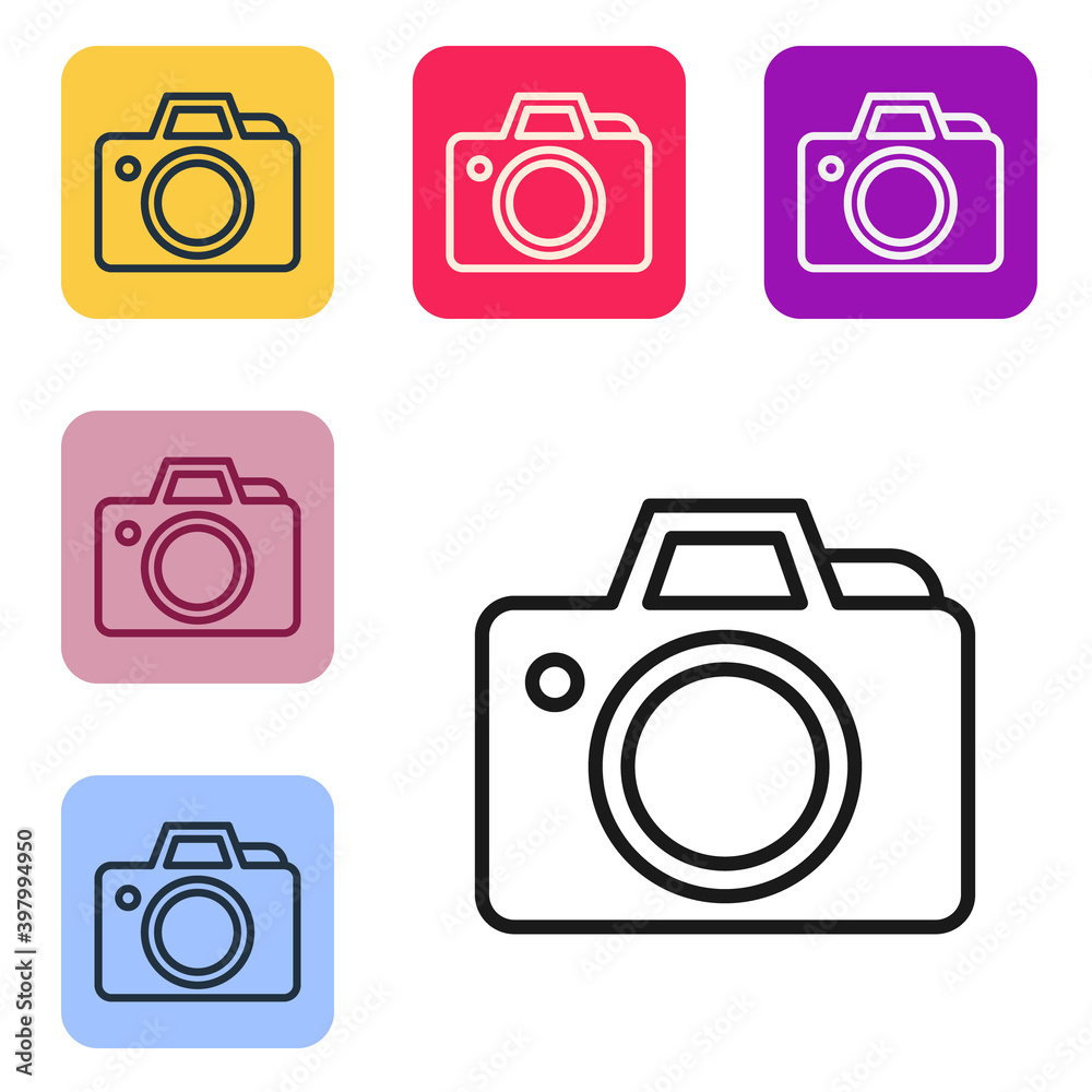 Black line Photo camera icon isolated on white background. Foto camera icon. Set icons in color squa