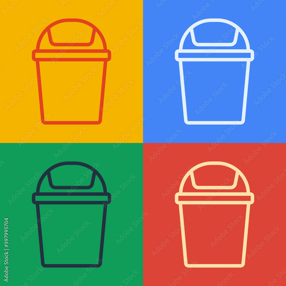 Pop art line Trash can icon isolated on color background. Garbage bin sign. Recycle basket icon. Off