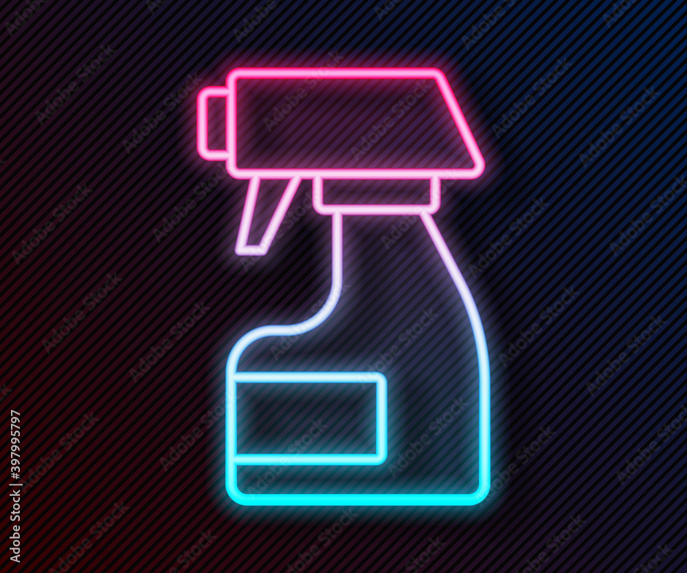 Glowing neon line Cleaning spray bottle with detergent liquid icon isolated on black background. Sta