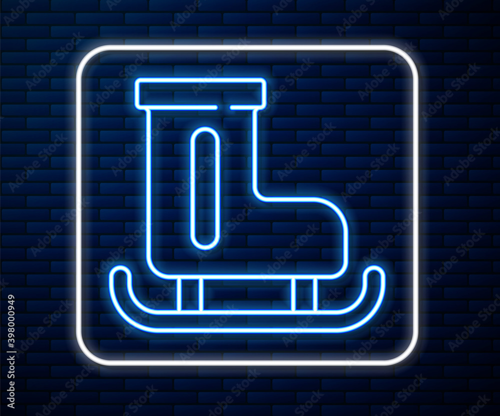 Glowing neon line Figure skates icon isolated on brick wall background. Ice skate shoes icon. Sport 