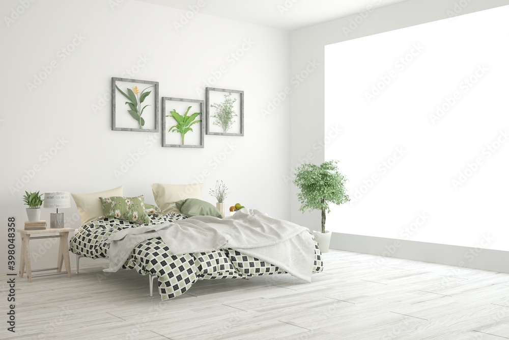 White bedroom interior. Scandinavian design. 3D illustration