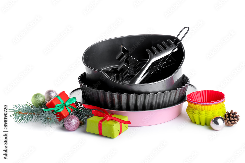 Kitchen utensils for Christmas bakery on white background