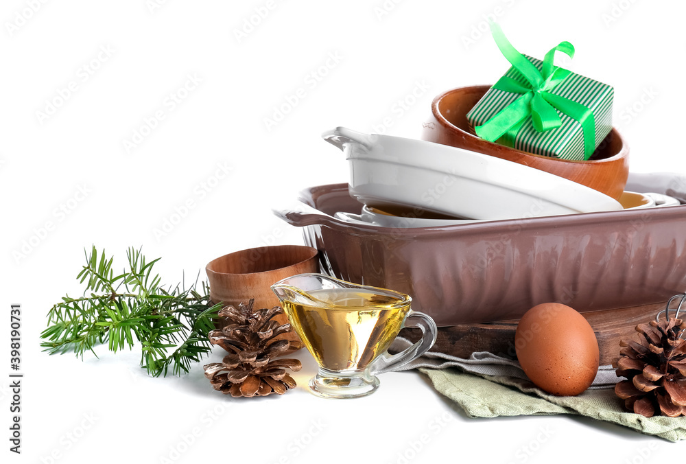 Kitchen utensils for Christmas bakery on white background