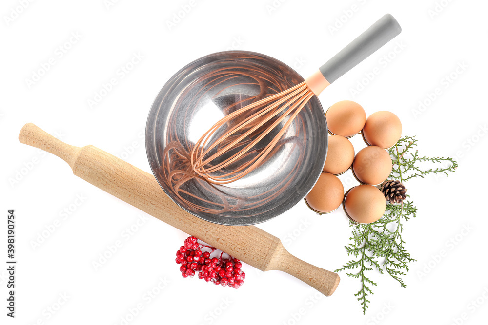 Kitchen utensils for Christmas bakery on white background