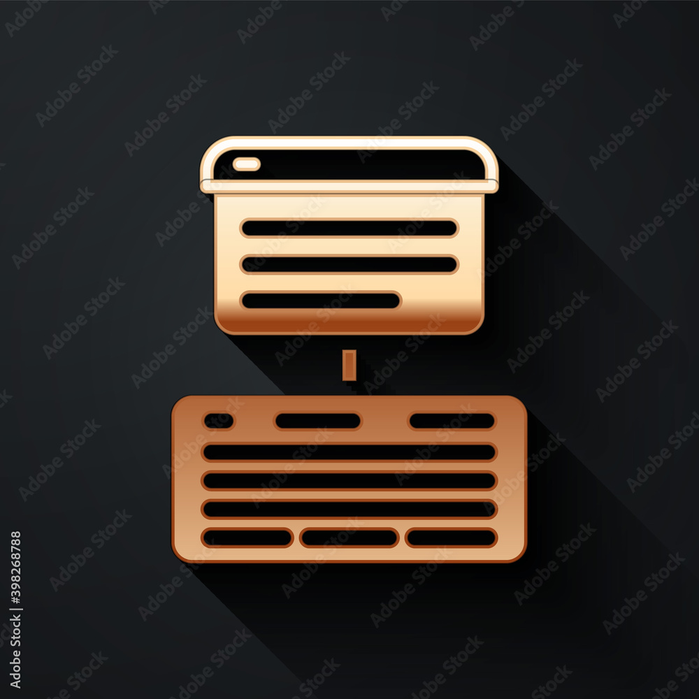 Gold Server, Data, Web Hosting icon isolated on black background. Long shadow style. Vector.