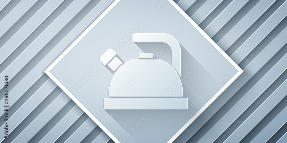 Paper cut Kettle with handle icon isolated on grey background. Teapot icon. Paper art style. Vector.