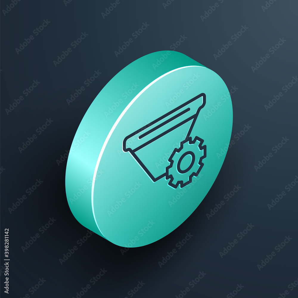 Isometric line Filter setting icon isolated on black background. Turquoise circle button. Vector.