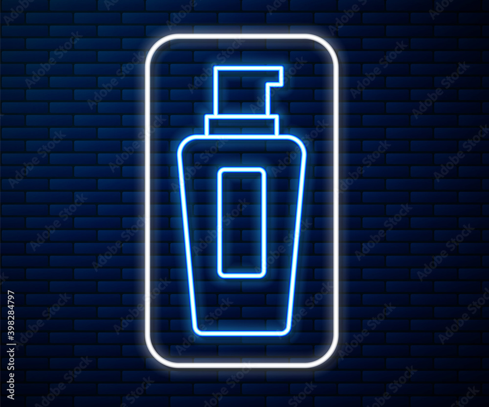 Glowing neon line Bottle of shampoo icon isolated on brick wall background. Vector.