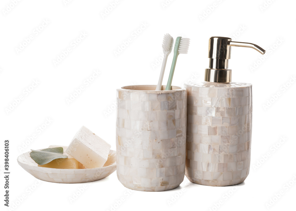 Bath accessories on white background