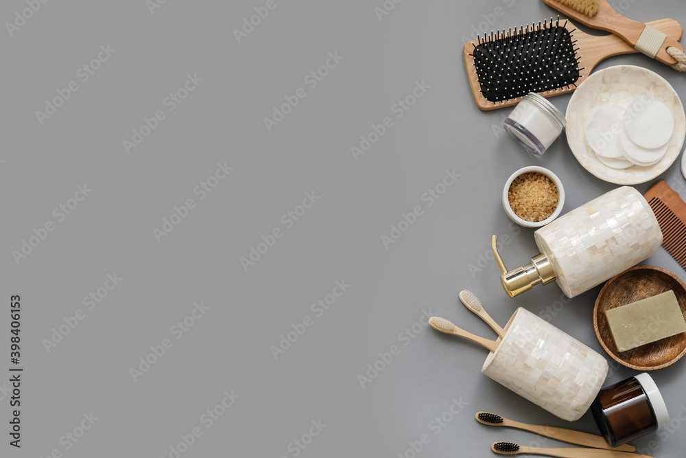 Set of bath accessories on color background