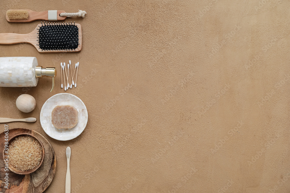 Set of bath accessories on color background