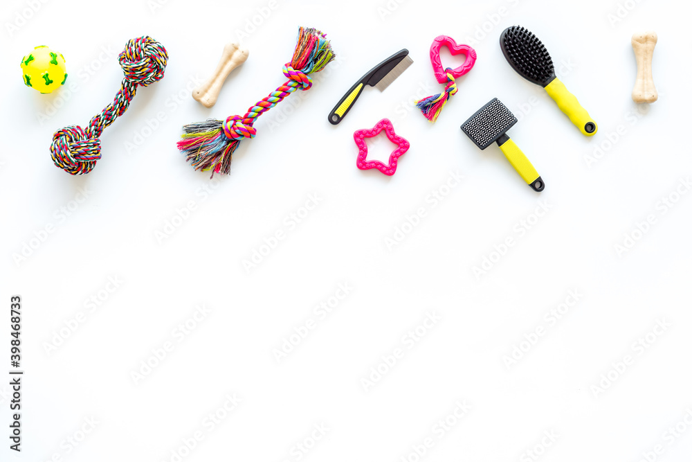 Pet toys accessories for dogs and cats on white background, top view