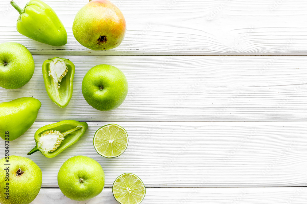 Green vegetables and fruits. Overhead view