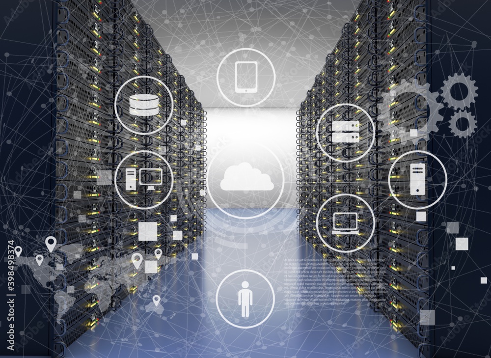 Working data center server room with media illustrations