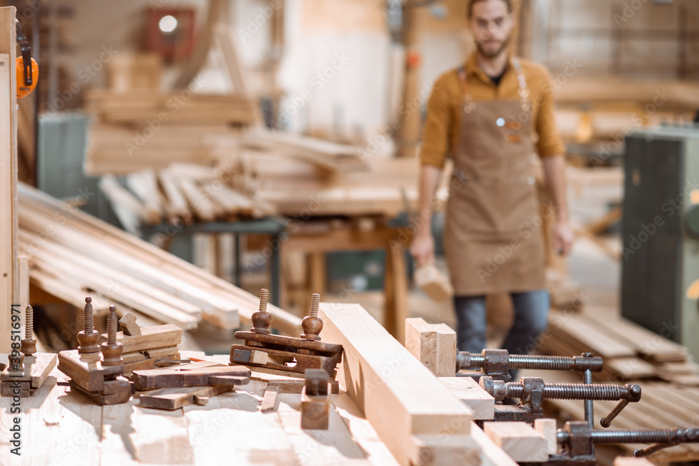 Workbench with vintage carpentry tools