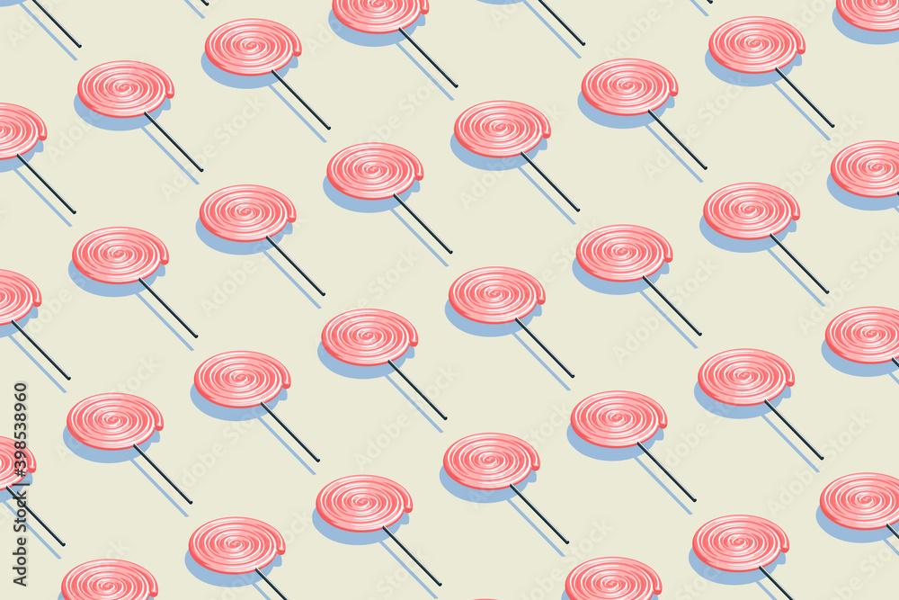 Candy pattern, pink lollipop with pale yellow background, raster illustration.