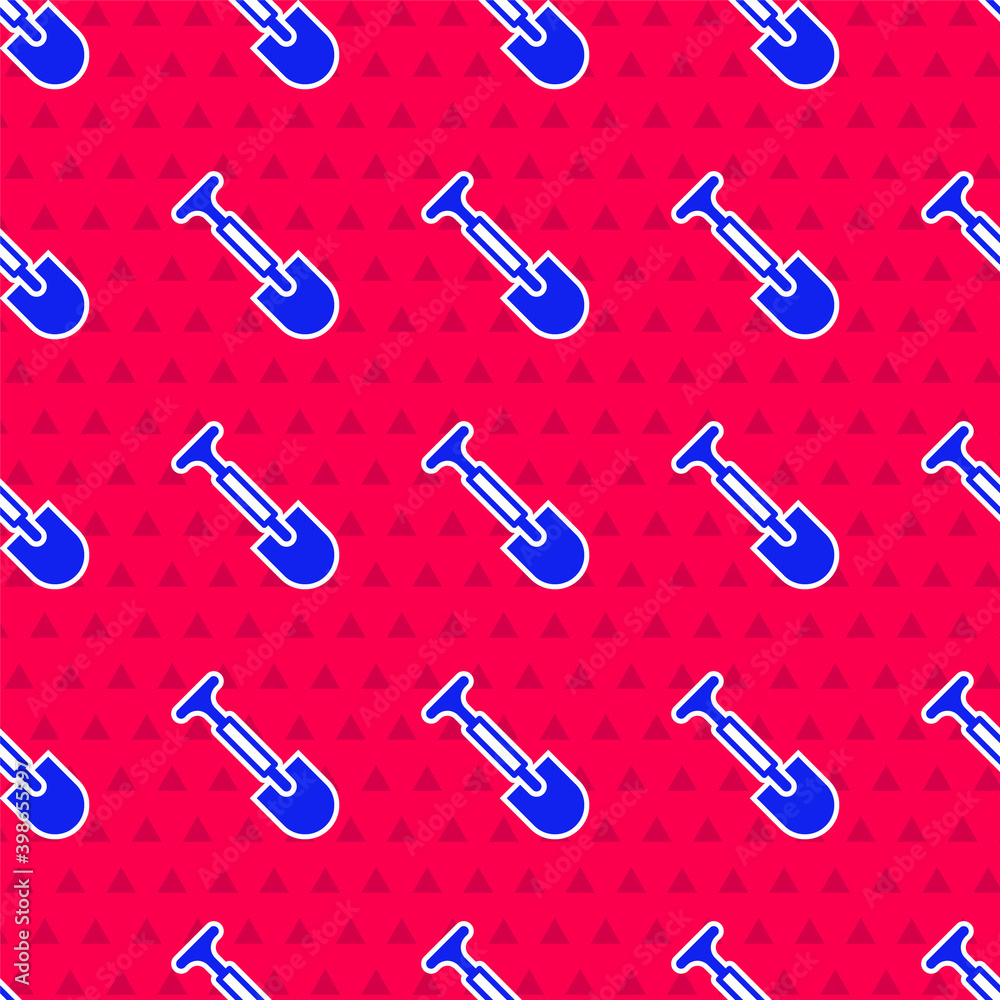 Blue Shovel icon isolated seamless pattern on red background. Gardening tool. Tool for horticulture,