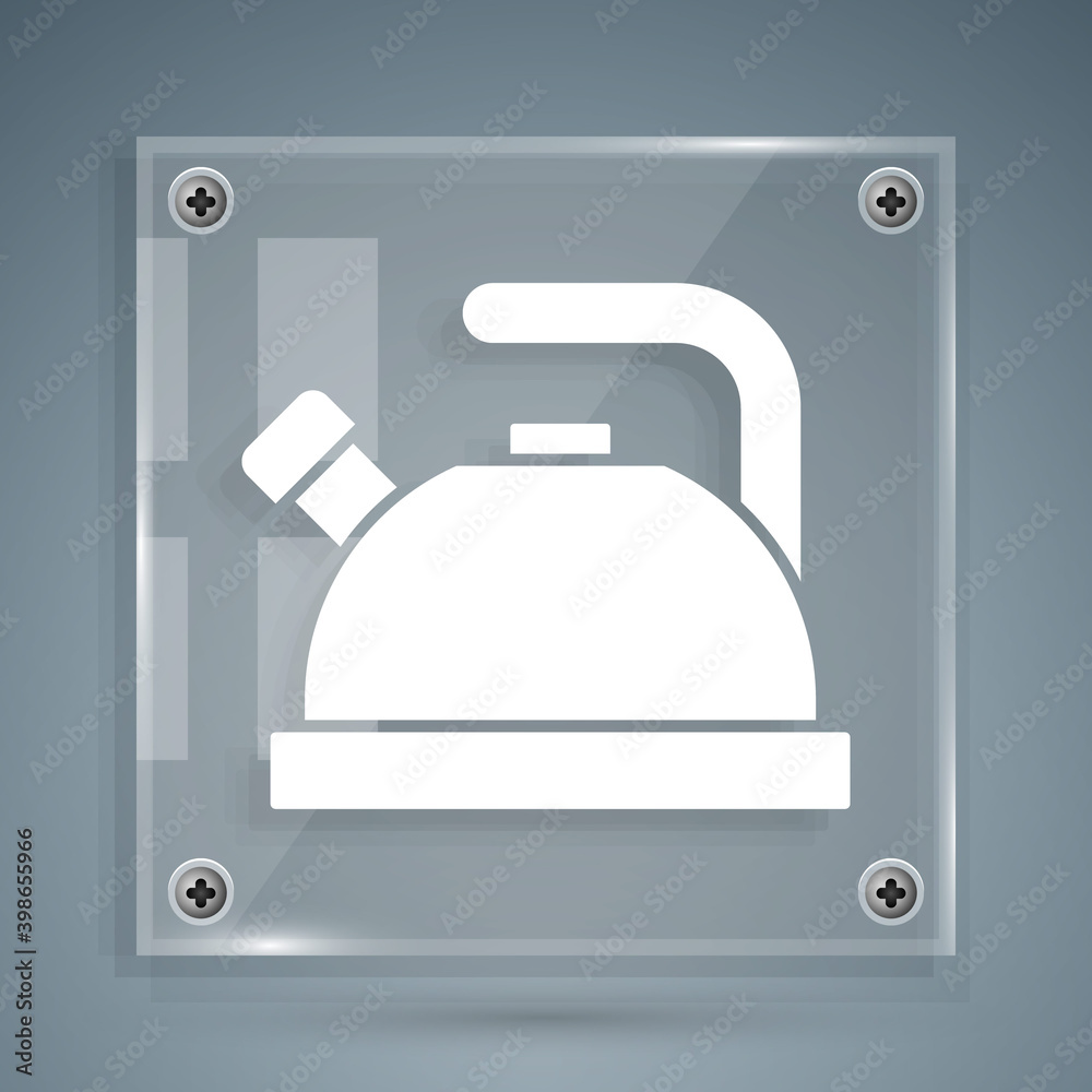 White Kettle with handle icon isolated on grey background. Teapot icon. Square glass panels. Vector.