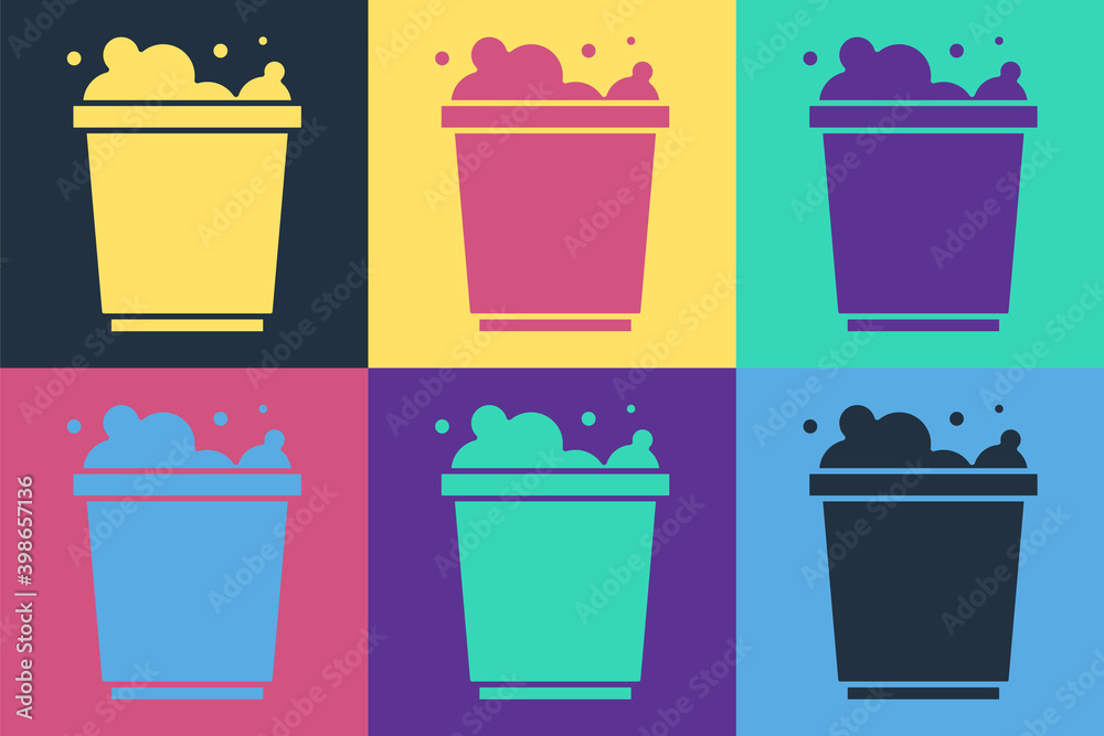 Pop art Bucket with foam and bubbles icon isolated on color background. Cleaning service concept.  V