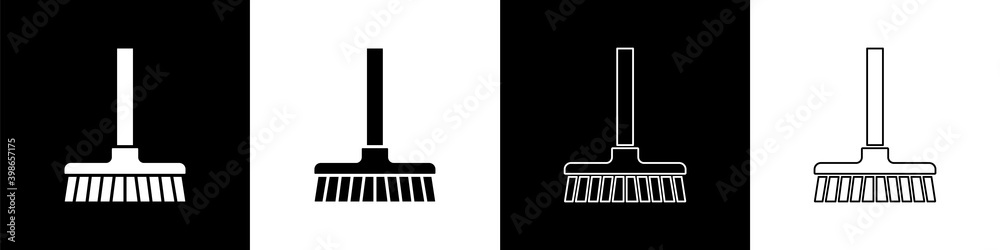 将手柄扫帚图标隔离在黑白背景上。清洁服务概念。矢量。