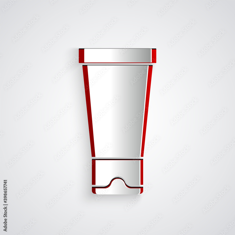 Paper cut Cream or lotion cosmetic tube icon isolated on grey background. Body care products for wom