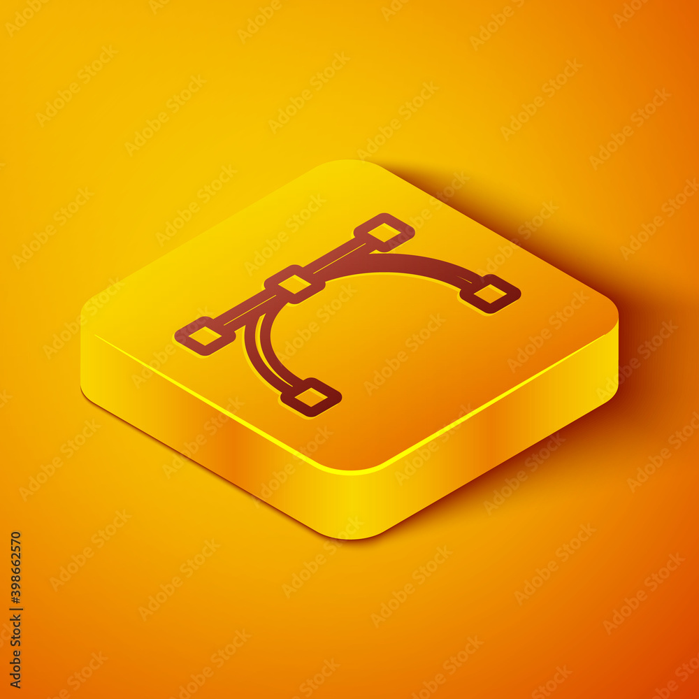 Isometric line Bezier curve icon isolated on orange background. Pen tool icon. Yellow square button.