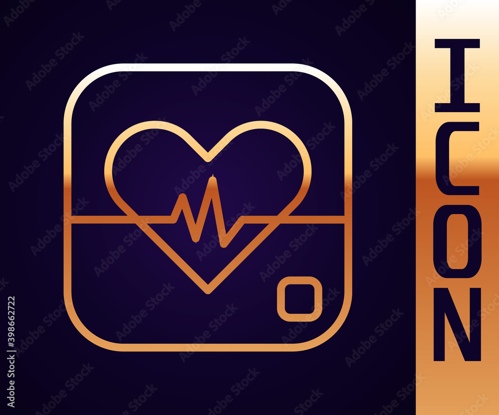 Gold line Heart rate icon isolated on black background. Heartbeat sign. Heart pulse icon. Cardiogram