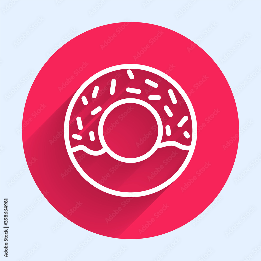 White line Donut with sweet glaze icon isolated with long shadow. Red circle button. Vector.